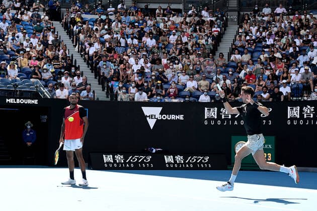 TENNIS AUSTRALIAN OPEN, Nick Kyrgios (left) and Thanasi Kokkinakis of Australia during their Men?s doubles semifinal match against Marcel Granollers of Spain and Horacio Zeballos of Argentina on Day 11 of the Australian Open, at Melbourne Park, in Melbourne, Thursday, January 27, 2022. ( NO ARCHIVING, EDITORIAL USE ONLY, NO USE IN BOOKS WITHOUT CONSENT MELBOURNE VIC AUSTRALIA  Copyright: xDAVExHUNTx 20220127001617511438