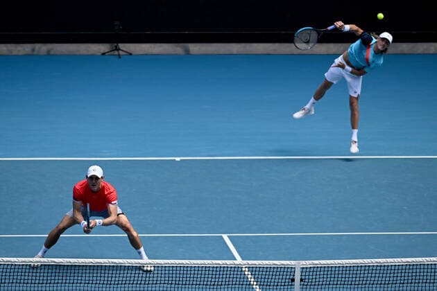 TENNIS AUSTRALIAN OPEN, Matthew Ebden (left) and Max Purcell of Australia during their Men?s doubles semifinal match against Rajeev Ram of the USA and Joe Salisbury of Great Britain on Day 11 of the Australian Open, at Melbourne Park, in Melbourne, Thursday, January 27, 2022. ( NO ARCHIVING, EDITORIAL USE ONLY, NO USE IN BOOKS WITHOUT CONSENT MELBOURNE VIC AUSTRALIA  Copyright: xDEANxLEWINSx 20220127001617514360