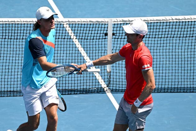 TENNIS AUSTRALIAN OPEN, Matthew Ebden (right) and Max Purcell of Australia during their Men?s doubles semifinal match against Rajeev Ram of the USA and Joe Salisbury of Great Britain on Day 11 of the Australian Open, at Melbourne Park, in Melbourne, Thursday, January 27, 2022. ( NO ARCHIVING, EDITORIAL USE ONLY, NO USE IN BOOKS WITHOUT CONSENT MELBOURNE VIC AUSTRALIA  Copyright: xDEANxLEWINSx 20220127001617514463