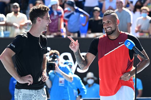 TENNIS AUSTRALIAN OPEN, Thanasi Kokkinakis (left) and Nick Kyrgios of Australia are interviewed after winning their Men?s doubles semifinal match against Marcel Granollers of Spain and Horacio Zeballos of Argentina on Day 11 of the Australian Open, at Melbourne Park, in Melbourne, Thursday, January 27, 2022. ( NO ARCHIVING, EDITORIAL USE ONLY, NO USE IN BOOKS WITHOUT CONSENT MELBOURNE VIC AUSTRALIA  Copyright: xDAVExHUNTx 20220127001617519546