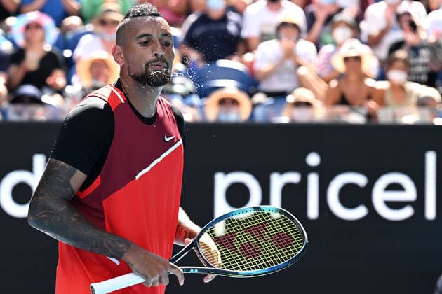 TENNIS AUSTRALIAN OPEN, Nick Kyrgios spits during his Men?s doubles semifinal match with Thanasi Kokkinakis against Marcel Granollers of Spain and Horacio Zeballos of Argentina on Day 11 of the Australian Open, at Melbourne Park, in Melbourne, Thursday, January 27, 2022. ( NO ARCHIVING, EDITORIAL USE ONLY, NO USE IN BOOKS WITHOUT CONSENT MELBOURNE VIC AUSTRALIA  Copyright: xDAVExHUNTx 20220127001617523202