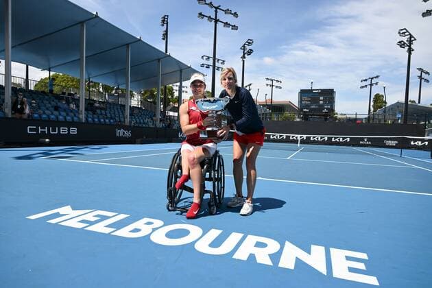 Mandatory Credit: Photo by James Gourley Shutterstock (12773760e) Diede De Groot celebrates her Women s Wheelchair Final win with her coach Amanda Hopmans Australian Open, Day Eleven, Tennis, Melbourne Park, Melbourne, Australia - 27 Jan 2022 Australian Open, Day Eleven, Tennis, Melbourne Park, Melbourne, Australia - 27 Jan 2022 Copyright: xJamesxGourley Shutterstockx 12773760e