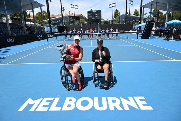 Mandatory Credit: Photo by James Gourley Shutterstock (12773760q) Diede De Groot celebrates her Women s Wheelchair Final win over Aniek Van Koot Australian Open, Day Eleven, Tennis, Melbourne Park, Melbourne, Australia - 27 Jan 2022 Australian Open, Day Eleven, Tennis, Melbourne Park, Melbourne, Australia - 27 Jan 2022 Copyright: xJamesxGourley Shutterstockx 12773760q