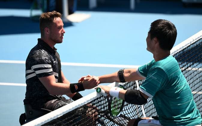 Mandatory Credit: Photo by James Gourley Shutterstock (12773760cd) Shingo Kunieda celebrates his Men s Wheelchair Final win over Alfie Hewett Australian Open, Day Eleven, Tennis, Melbourne Park, Melbourne, Australia - 27 Jan 2022 Australian Open, Day Eleven, Tennis, Melbourne Park, Melbourne, Australia - 27 Jan 2022 Copyright: xJamesxGourley Shutterstockx 12773760cd