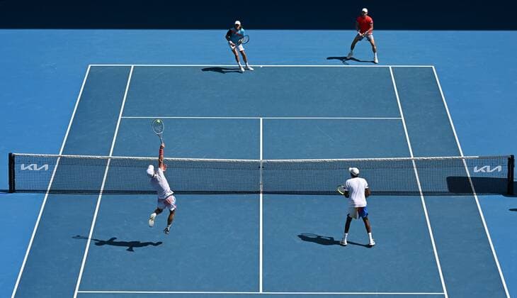 Mandatory Credit: Photo by James Gourley Shutterstock (12773760dd) Joe Salisbury and Rajeev Ram in Men s Doubles semi final action against Max Purcell and Matthew Ebden Australian Open, Day Eleven, Tennis, Melbourne Park, Melbourne, Australia - 27 Jan 2022 Australian Open, Day Eleven, Tennis, Melbourne Park, Melbourne, Australia - 27 Jan 2022 Copyright: xJamesxGourley Shutterstockx 12773760dd