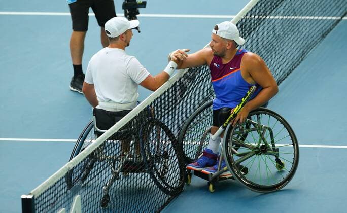 Mandatory Credit: Photo by Ella Ling Shutterstock (12773761bu) Sam Schroder celebrates his Final win over Dylan Alcott Australian Open, Day Eleven, Tennis, Melbourne Park, Melbourne, Australia - 27 Jan 2022 Australian Open, Day Eleven, Tennis, Melbourne Park, Melbourne, Australia - 27 Jan 2022 Copyright: xEllaxLing Shutterstockx 12773761bu