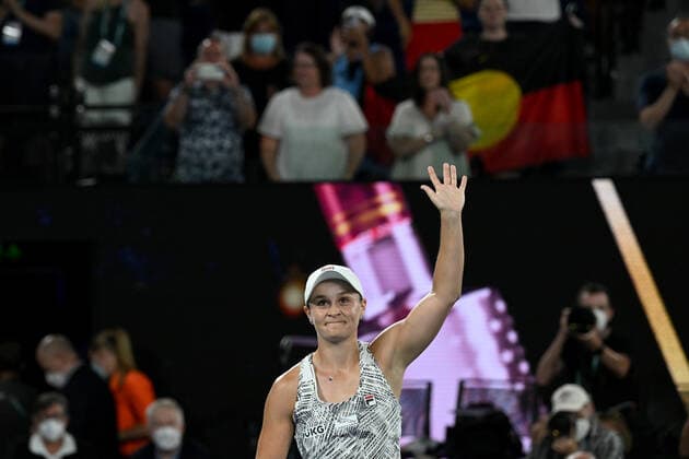 TENNIS AUSTRALIAN OPEN, Ashleigh Barty of Australia gestures to the crowd after winning her Women?s singles semifinal against Madison Keys of the USA on Day 11 of the Australian Open, at Melbourne Park, in Melbourne, Thursday, January 27, 2022. ( NO ARCHIVING, EDITORIAL USE ONLY, NO USE IN BOOKS WITHOUT CONSENT MELBOURNE VIC AUSTRALIA  Copyright: xDEANxLEWINSx 20220127001617547244