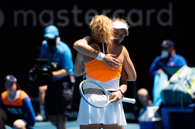 January 27, 2022, MELBOURNE, AUSTRALIA: Barbora Krejcikova of the Czech Republic & Katerina Siniakova of the Czech Republic in action during the doubles semi-final at the 2022 Australian Open Grand Slam Tennis Tournament MELBOURNE AUSTRALIA - ZUMAa181 20220127_zaa_a181_003 Copyright: xRobxPrangex