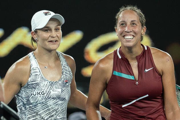 (220127) -- MELBOURNE, Jan. 27, 2022 -- Ashleigh Barty (L) of Australia and Madison Keys of the United States react after their women s singles semifinal match at Australian Open in Melbourne Park, in Melbourne, Australia, on Jan. 27, 2022. (Photo by Xinhua) (SP)AUSTRALIA-MELBOURNE-TENNIS-AUSTRALIAN OPEN-WOMEN S SINGLES-SEMIFINALS HuxJingchen 
