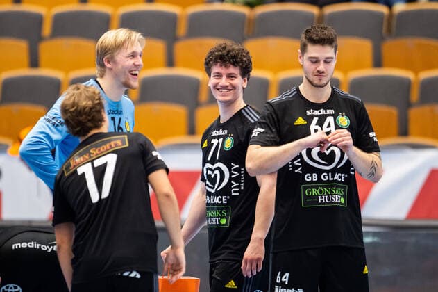 220127 Sävehofs Elias Ellefsen Ã Skipagotu cheers after the final signal during the handball match in the Swedish Cup Semifinal 1, between Kristianstad and Sävehof on 27 January 2022 in Kristianstad,  Copyright: AVDOxBILKANOVIC BB220127AB051
