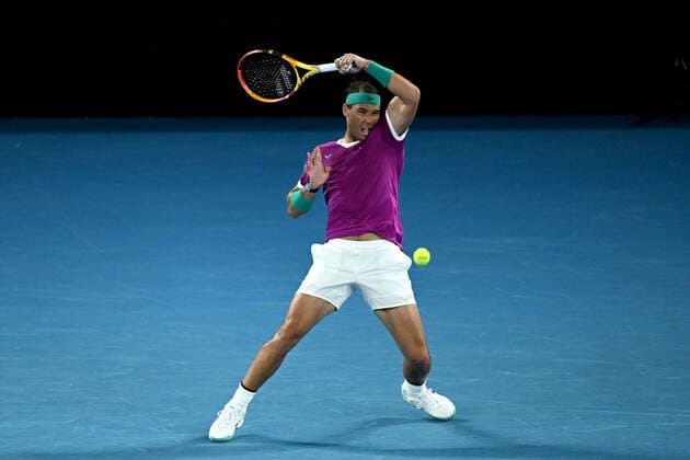 TENNIS AUSTRALIAN OPEN, Rafael Nadal of Spain plays a shot during his Men?s semifinal match against Matteo Berrettini of Italy on Day 12 of the Australian Open, at Melbourne Park, in Melbourne, Friday, January 28, 2022. ( NO ARCHIVING, EDITORIAL USE ONLY, NO USE IN BOOKS WITHOUT CONSENT MELBOURNE VIC AUSTRALIA  Copyright: xDEANxLEWINSx 20220128001617773907