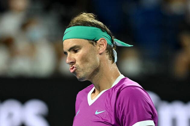 TENNIS AUSTRALIAN OPEN, Rafael Nadal of Spain reacts during his Men?s semifinal match against Matteo Berrettini of Italy on Day 12 of the Australian Open, at Melbourne Park, in Melbourne, Friday, January 28, 2022. ( NO ARCHIVING, EDITORIAL USE ONLY, NO USE IN BOOKS WITHOUT CONSENT MELBOURNE VIC AUSTRALIA  Copyright: xJOELxCARRETTx 20220128001617781691