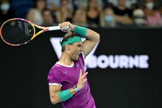 TENNIS AUSTRALIAN OPEN, Rafael Nadal of Spain plays a shot during his Men?s semifinal match against Matteo Berrettini of Italy on Day 12 of the Australian Open, at Melbourne Park, in Melbourne, Friday, January 28, 2022. ( NO ARCHIVING, EDITORIAL USE ONLY, NO USE IN BOOKS WITHOUT CONSENT MELBOURNE VIC AUSTRALIA  Copyright: xJOELxCARRETTx 20220128001617785075