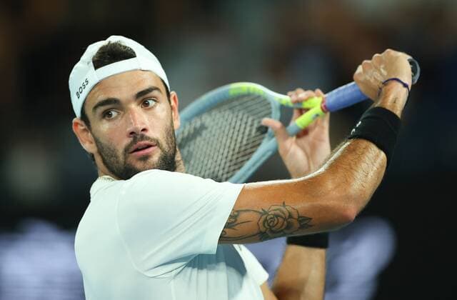 Mandatory Credit: Photo by Ella Ling Shutterstock (12775251c) Matteo Berrettini in semi final action Australian Open, Day Twelve, Tennis, Melbourne Park, Melbourne, Australia - 28 Jan 2022 Australian Open, Day Twelve, Tennis, Melbourne Park, Melbourne, Australia - 28 Jan 2022 Copyright: xEllaxLing Shutterstockx 12775251c