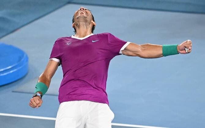 Mandatory Credit: Photo by James Gourley Shutterstock (12775245i) Rafael Nadal celebrates the win Australian Open, Day Twelve, Tennis, Melbourne Park, Melbourne, Australia - 28 Jan 2022 Australian Open, Day Twelve, Tennis, Melbourne Park, Melbourne, Australia - 28 Jan 2022 Copyright: xJamesxGourley Shutterstockx 12775245i