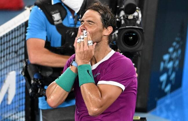 Mandatory Credit: Photo by James Gourley Shutterstock (12775245j) Rafael Nadal celebrates the win Australian Open, Day Twelve, Tennis, Melbourne Park, Melbourne, Australia - 28 Jan 2022 Australian Open, Day Twelve, Tennis, Melbourne Park, Melbourne, Australia - 28 Jan 2022 Copyright: xJamesxGourley Shutterstockx 12775245j