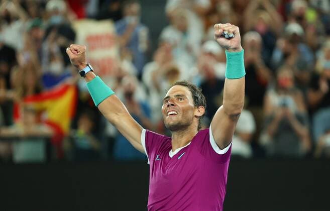 Mandatory Credit: Photo by Ella Ling Shutterstock (12775251r) Rafael Nadal celebrates the win Australian Open, Day Twelve, Tennis, Melbourne Park, Melbourne, Australia - 28 Jan 2022 Australian Open, Day Twelve, Tennis, Melbourne Park, Melbourne, Australia - 28 Jan 2022 Copyright: xEllaxLing Shutterstockx 12775251r