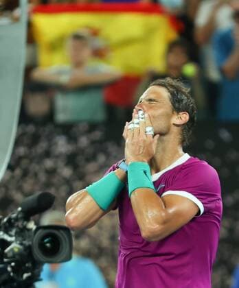 Mandatory Credit: Photo by Ella Ling Shutterstock (12775251q) Rafael Nadal celebrates the win Australian Open, Day Twelve, Tennis, Melbourne Park, Melbourne, Australia - 28 Jan 2022 Australian Open, Day Twelve, Tennis, Melbourne Park, Melbourne, Australia - 28 Jan 2022 Copyright: xEllaxLing Shutterstockx 12775251q