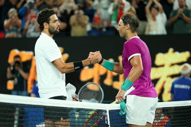 Mandatory Credit: Photo by Ella Ling Shutterstock (12775251aj) Matteo Berrettini congratulates Rafael Nadal at the net Australian Open, Day Twelve, Tennis, Melbourne Park, Melbourne, Australia - 28 Jan 2022 Australian Open, Day Twelve, Tennis, Melbourne Park, Melbourne, Australia - 28 Jan 2022 Copyright: xEllaxLing Shutterstockx 12775251aj