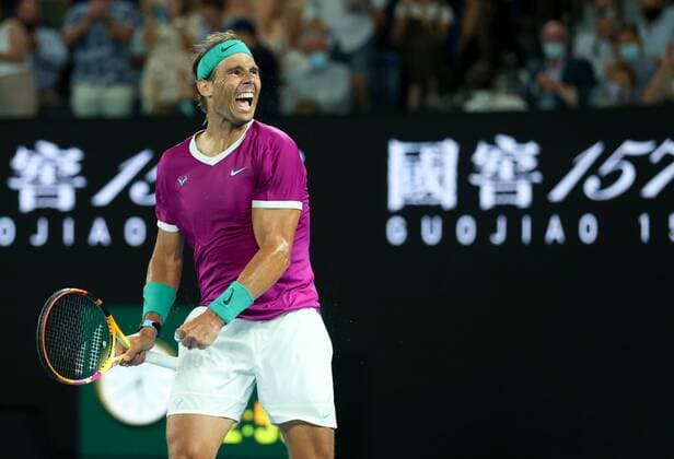 Mandatory Credit: Photo by Ella Ling Shutterstock (12775251ad) Rafael Nadal celebrates the win Australian Open, Day Twelve, Tennis, Melbourne Park, Melbourne, Australia - 28 Jan 2022 Australian Open, Day Twelve, Tennis, Melbourne Park, Melbourne, Australia - 28 Jan 2022 Copyright: xEllaxLing Shutterstockx 12775251ad