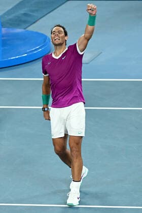 TENNIS AUSTRALIAN OPEN, Rafael Nadal of Spain celebrates after winning his Men?s semifinal match against Matteo Berrettini of Italy on Day 12 of the Australian Open, at Melbourne Park, in Melbourne, Friday, January 28, 2022. ( NO ARCHIVING, EDITORIAL USE ONLY, NO USE IN BOOKS WITHOUT CONSENT MELBOURNE VIC AUSTRALIA  Copyright: xDEANxLEWINSx 20220128001617799231
