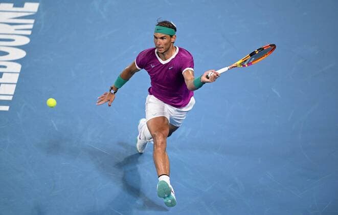 Mandatory Credit: Photo by James Gourley Shutterstock (12775245af) Rafael Nadal in semi final action Australian Open, Day Twelve, Tennis, Melbourne Park, Melbourne, Australia - 28 Jan 2022 Australian Open, Day Twelve, Tennis, Melbourne Park, Melbourne, Australia - 28 Jan 2022 Copyright: xJamesxGourley Shutterstockx 12775245af