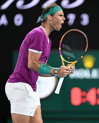 Mandatory Credit: Photo by James Gourley Shutterstock (12775245as) Rafael Nadal in semi final action Australian Open, Day Twelve, Tennis, Melbourne Park, Melbourne, Australia - 28 Jan 2022 Australian Open, Day Twelve, Tennis, Melbourne Park, Melbourne, Australia - 28 Jan 2022 Copyright: xJamesxGourley Shutterstockx 12775245as