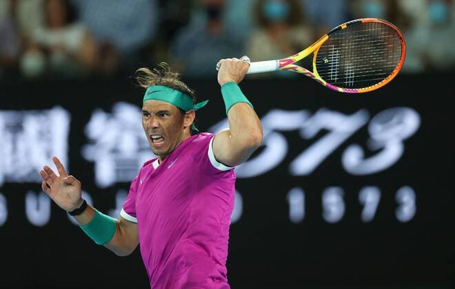Mandatory Credit: Photo by Ella Ling Shutterstock (12775251bh) Rafael Nadal in semi final action Australian Open, Day Twelve, Tennis, Melbourne Park, Melbourne, Australia - 28 Jan 2022 Australian Open, Day Twelve, Tennis, Melbourne Park, Melbourne, Australia - 28 Jan 2022 Copyright: xEllaxLing Shutterstockx 12775251bh