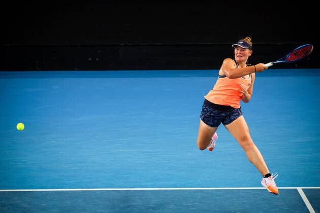 Australian Charlotte Kempenaers-Pocz WTA, Tennis Damen 1061) pictured in action during the quarterfinals in the girls singles between Belgian Costoulas and Australian Kempenaers-Pocz at the Australian Open Grand Slam tennis tournament, Friday 28 January 2022 in Melbourne Park, Melbourne, Australia. The 2022 edition of the Australian Grand Slam takes place from January 17th to January 30th. PATRICKxHAMILTON  x6036252x