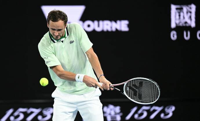 Mandatory Credit: Photo by James Gourley Shutterstock (12775245dj) Daniil Medvedev in semi final action Australian Open, Day Twelve, Tennis, Melbourne Park, Melbourne, Australia - 28 Jan 2022 Australian Open, Day Twelve, Tennis, Melbourne Park, Melbourne, Australia - 28 Jan 2022 Copyright: xJamesxGourley Shutterstockx 12775245dj