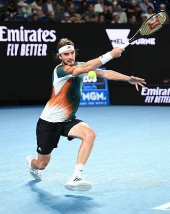 Mandatory Credit: Photo by James Gourley Shutterstock (12775245fg) Stefanos Tsitsipas in semi final action Australian Open, Day Twelve, Tennis, Melbourne Park, Melbourne, Australia - 28 Jan 2022 Australian Open, Day Twelve, Tennis, Melbourne Park, Melbourne, Australia - 28 Jan 2022 Copyright: xJamesxGourley Shutterstockx 12775245fg