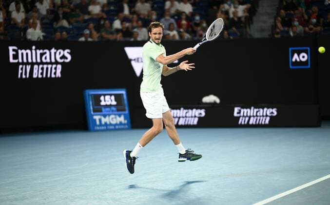 Mandatory Credit: Photo by James Gourley Shutterstock (12775245fo) Daniil Medvedev in semi final action Australian Open, Day Twelve, Tennis, Melbourne Park, Melbourne, Australia - 28 Jan 2022 Australian Open, Day Twelve, Tennis, Melbourne Park, Melbourne, Australia - 28 Jan 2022 Copyright: xJamesxGourley Shutterstockx 12775245fo