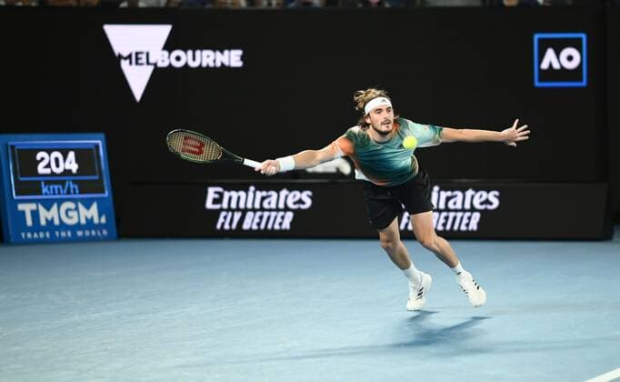 Mandatory Credit: Photo by James Gourley Shutterstock (12775245fl) Stefanos Tsitsipas in semi final action Australian Open, Day Twelve, Tennis, Melbourne Park, Melbourne, Australia - 28 Jan 2022 Australian Open, Day Twelve, Tennis, Melbourne Park, Melbourne, Australia - 28 Jan 2022 Copyright: xJamesxGourley Shutterstockx 12775245fl