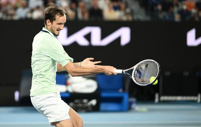 Mandatory Credit: Photo by James Gourley Shutterstock (12775245fj) Daniil Medvedev in semi final action Australian Open, Day Twelve, Tennis, Melbourne Park, Melbourne, Australia - 28 Jan 2022 Australian Open, Day Twelve, Tennis, Melbourne Park, Melbourne, Australia - 28 Jan 2022 Copyright: xJamesxGourley Shutterstockx 12775245fj