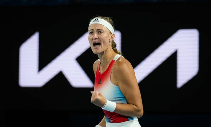 January 28, 2022, MELBOURNE, AUSTRALIA: Kristina Mladenovic of France in action during the mixed doubles final with partner Ivan Dodig at the 2022 Australian Open Grand Slam Tennis Tournament MELBOURNE AUSTRALIA - ZUMAa181 20220128_zaa_a181_003 Copyright: xRobxPrangex