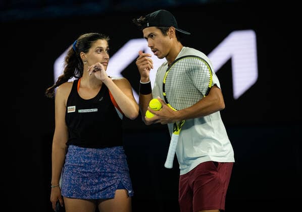 January 28, 2022, MELBOURNE, AUSTRALIA: Jason Kubler of Australia & Jaimee Fourlis of Australia in action during the mixed doubles final of the 2022 Australian Open Grand Slam Tennis Tournament MELBOURNE AUSTRALIA - ZUMAa181 20220128_zaa_a181_005 Copyright: xRobxPrangex
