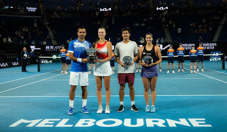 January 28, 2022, MELBOURNE, AUSTRALIA: Ivan Dodig of Croatia & Kristina Mladenovic of France and Jason Kubler of Australia & Jaimee Fourlis of Australia pose with their trophies after the mixed doubles final of the 2022 Australian Open Grand Slam Tennis Tournament MELBOURNE AUSTRALIA - ZUMAa181 20220128_zaa_a181_011 Copyright: xRobxPrangex