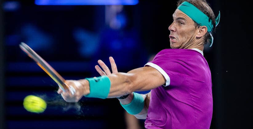 (220128) -- MELBOURNE, Jan. 28, 2022 -- Rafael Nadal of Spain competes during the men s singles semifinal match between Rafael Nadal of Spain and Matteo Berrettini of Italy at Australian Open in Melbourne Park, in Melbourne, Australia, on Jan. 28, 2022. (Photo by Hu Jingchen Xinhua) (SP)AUSTRALIA-MELBOURNE-TENNIS-AUSTRALIAN OPEN-MEN S SINGLES-SEMIFINALS BaixXuefei 