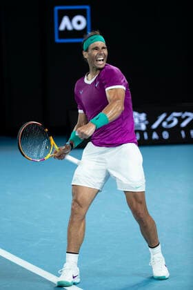 (220128) -- MELBOURNE, Jan. 28, 2022 -- Rafael Nadal of Spain competes during the men s singles semifinal match between Rafael Nadal of Spain and Matteo Berrettini of Italy at Australian Open in Melbourne Park, in Melbourne, Australia, on Jan. 28, 2022. ) (SP)AUSTRALIA-MELBOURNE-TENNIS-AUSTRALIAN OPEN-MEN S SINGLES-SEMIFINALS BaixXuefei 