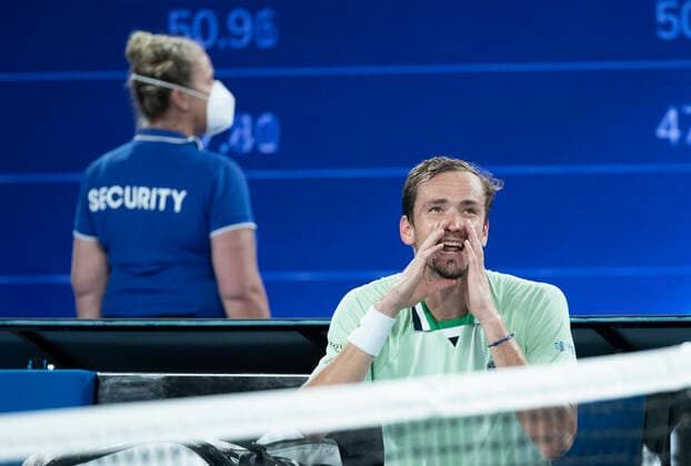(220128) -- MELBOURNE, Jan. 28, 2022 -- Daniil Medvedev of Russia reacts during the men s singles semifinal match between Stefanos Tsitsipas of Greece and Daniil Medvedev of Russia at Australian Open in Melbourne Park, in Melbourne, Australia, on Jan. 28, 2022. ) (SP)AUSTRALIA-MELBOURNE-TENNIS-AUSTRALIAN OPEN-MEN S SINGLES-SEMIFINALS BaixXuefei 
