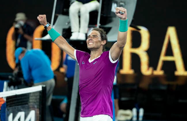 (220128) -- MELBOURNE, Jan. 28, 2022 -- Rafael Nadal of Spain celebrates after winning the men s singles semifinal match between Rafael Nadal of Spain and Matteo Berrettini of Italy at Australian Open in Melbourne Park, in Melbourne, Australia, on Jan. 28, 2022. ) (SP)AUSTRALIA-MELBOURNE-TENNIS-AUSTRALIAN OPEN-MEN S SINGLES-SEMIFINALS BaixXuefei 