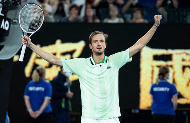 (220128) -- MELBOURNE, Jan. 28, 2022 -- Daniil Medvedev of Russia celebrates after the men s singles semifinal match between Stefanos Tsitsipas of Greece and Daniil Medvedev of Russia at Australian Open in Melbourne Park, in Melbourne, Australia, on Jan. 28, 2022. ) (SP)AUSTRALIA-MELBOURNE-TENNIS-AUSTRALIAN OPEN-MEN S SINGLES-SEMIFINALS BaixXuefei 