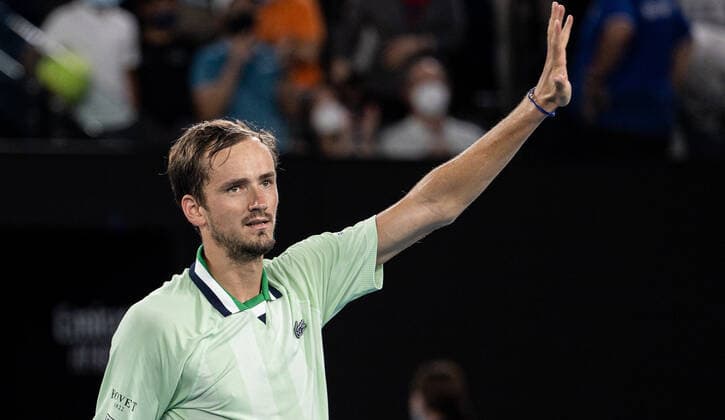 (220128) -- MELBOURNE, Jan. 28, 2022 -- Daniil Medvedev of Russia competes during the men s singles semifinal match between Stefanos Tsitsipas of Greece and Daniil Medvedev of Russia at Australian Open in Melbourne Park, in Melbourne, Australia, on Jan. 28, 2022. (Photo by Xinhua) (SP)AUSTRALIA-MELBOURNE-TENNIS-AUSTRALIAN OPEN-MEN S SINGLES-SEMIFINALS HuxJingchen 