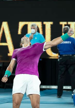 (220128) -- MELBOURNE, Jan. 28, 2022 -- Rafael Nadal of Spain celebrates after winning the men s singles semifinal match between Rafael Nadal of Spain and Matteo Berrettini of Italy at Australian Open in Melbourne Park, in Melbourne, Australia, on Jan. 28, 2022. ) (SP)AUSTRALIA-MELBOURNE-TENNIS-AUSTRALIAN OPEN-MEN S SINGLES-SEMIFINALS BaixXuefei 