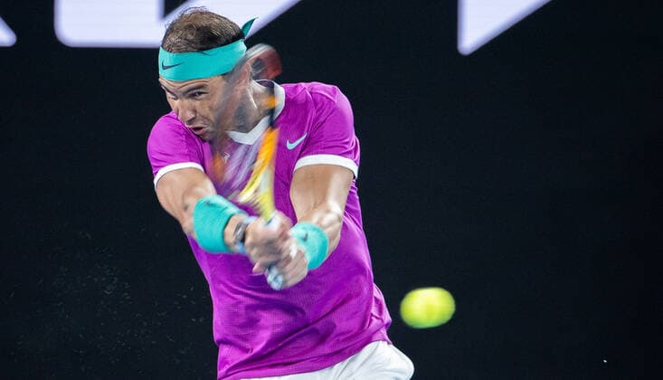 (220128) -- MELBOURNE, Jan. 28, 2022 -- Rafael Nadal of Spain competes during the men s singles semifinal match between Rafael Nadal of Spain and Matteo Berrettini of Italy at Australian Open in Melbourne Park, in Melbourne, Australia, on Jan. 28, 2022. (Photo by Hu Jingchen Xinhua) (SP)AUSTRALIA-MELBOURNE-TENNIS-AUSTRALIAN OPEN-MEN S SINGLES-SEMIFINALS BaixXuefei 