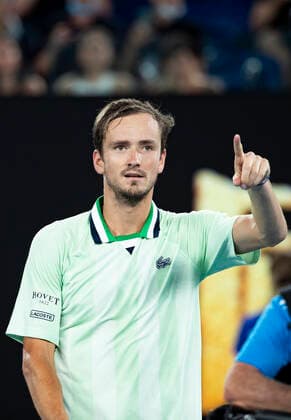 (220128) -- MELBOURNE, Jan. 28, 2022 -- Daniil Medvedev of Russia celebrates after the men s singles semifinal match between Stefanos Tsitsipas of Greece and Daniil Medvedev of Russia at Australian Open in Melbourne Park, in Melbourne, Australia, on Jan. 28, 2022. ) (SP)AUSTRALIA-MELBOURNE-TENNIS-AUSTRALIAN OPEN-MEN S SINGLES-SEMIFINALS BaixXuefei 