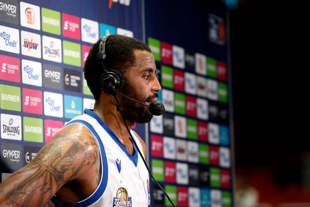 28 01 2022, easyCredit Basketball Bundesliga, BBL, season 2021 2022, men, Chemnitz Niners Fraport Skyliners Frankfurt Brendan Gregori, Niners Chemnitz during interview Chemnitz Fair Chemnitz Saxony Germany