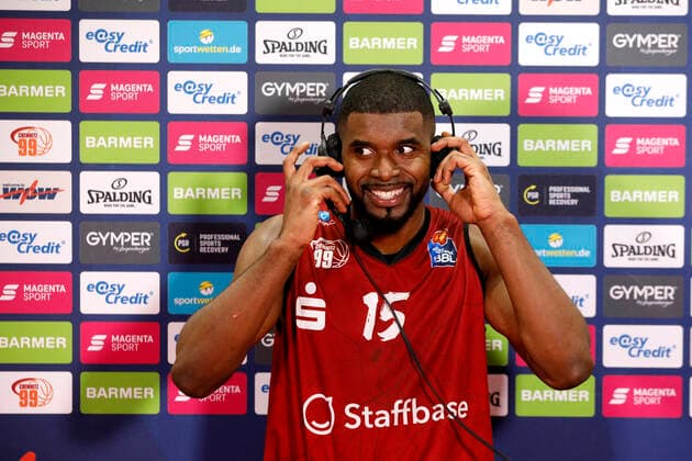 28 01 2022, easyCredit Basketball Bundesliga, BBL, season 2021 2022, men, Chemnitz Niners Fraport Skyliners Frankfurt Frantz Massenat, Niners Chemnitz during interview Chemnitz Fair Chemnitz Saxony Germany