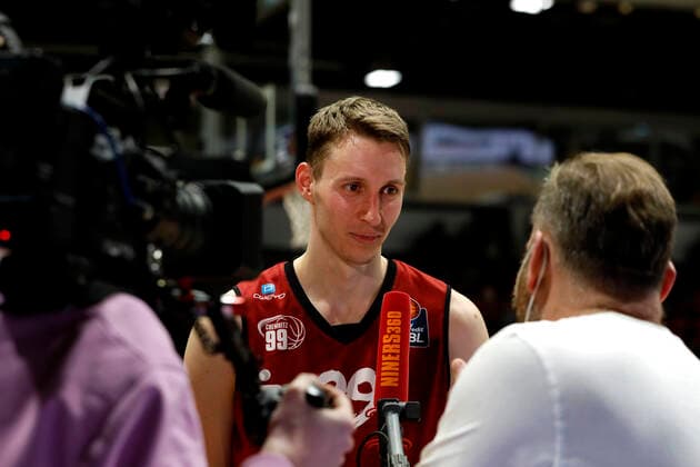 28 01 2022, easyCredit Basketball Bundesliga, BBL, season 2021 2022, men, Chemnitz Niners Fraport Skyliners Frankfurt Mindaugas Susinskas, Niners Chemnitz during interview Chemnitz Fair Chemnitz Saxony Germany