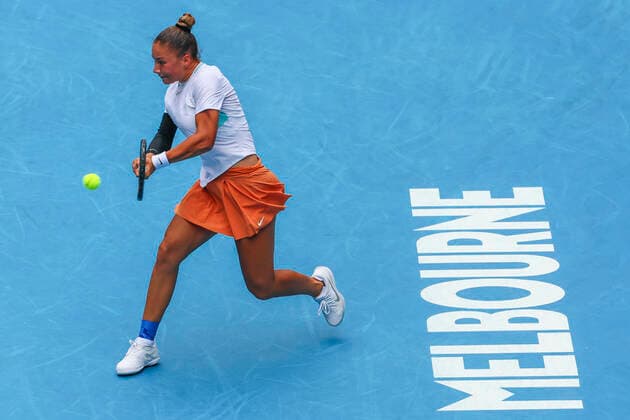 Belgian Sofia Costoulas pictured in action during the final in the girls singles between Belgian Costoulas and Croatian Marcinko at the Australian Open Grand Slam tennis tournament, Saturday 29 January 2022 in Melbourne Park, Melbourne, Australia. The 2022 edition of the Australian Grand Slam takes place from January 17th to January 30th. PATRICKxHAMILTON  x6261600x